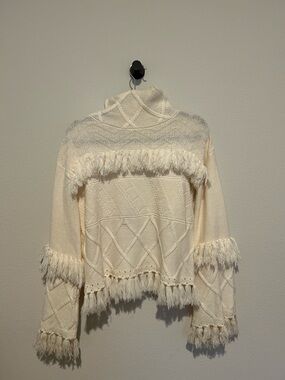 Gianni Bini Cream Fringe Cable-Knit Turtleneck Sweater
